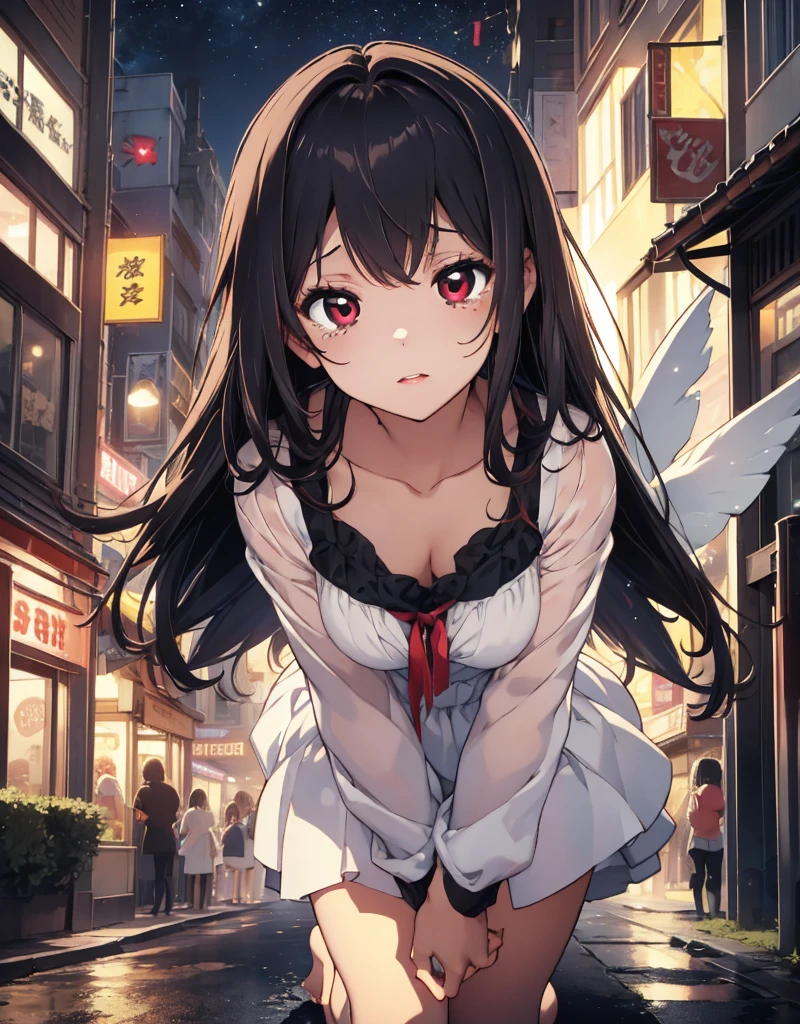 Many monsters attack、(((masterpiece, Highest quality:1.3,absurdres))),25 year old beauty,solo,((very small head:1.4)),long hair,bangs,dark blue hair,dark blue eyes,gorgeous eyes,Pain、medium breasts,((very long body:1.2)),((toned body,slender body)),skinny,(((tan skin:1.2))),gleaming skin,shiny skin,sweat,((ripped jeans,White panties)),((White tube top,nipples,navel、Injury、Torn clothing:1.3,)),White sneakers、kneeling,(Defeated、Lots of monsters),Collapsed building,Tokyo、at night、