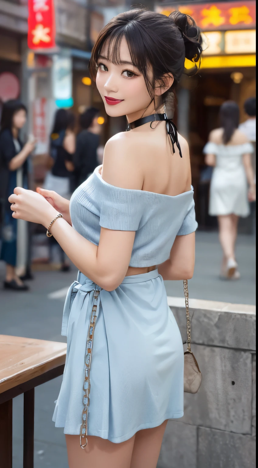 On the table, best quality, number, very detailed, detailed, high resolution, 8k wallpaper, Perfect dynamic composition, Beautiful details, skirt,Medium Length Hair, Central chest, Natural lipstick, Casual sexy poses,Smile,Strolling along Qingshan Street、20 year old girl、Off-shoulder knit（light blue）、sliding、Choker with chains、I always tie my hair up