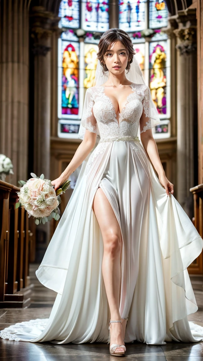 photo of beautiful (scj0_jg:0.99), a woman, (((walking in a cathedral))), modelshoot style, (extremely detailed CG unity 8k wallpaper), photo of the most beautiful artwork in the world, professional majestic (photography by Steve McCurry), 8k uhd, dslr, soft lighting, high quality, film grain, Fujifilm XT3 sharp focus, f 5.6, High Detail, Sharp focus, dramatic, (((high_neck_silk_sheer_wedding_dress))), (looking at viewer:1.2), (detailed pupils:1.3), (natural light), (((medium-long shot:1.2)))