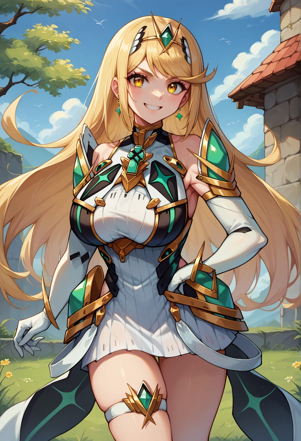 score_9, score_8_up, score_7_up,  1 girl, Alone, mthrdef , yellow eyes, Blonde,  long hair,  tiara ,  earrings, chest jewel,  Big Breasts,  clevis on a stone cutout,  clevis on a stone, white dress,  short dress, Elbow gloves,  white gloves,  thigh strap to hide one ear,  Standing , smile,  A picture of a cat staring ,  Medieval landscape 