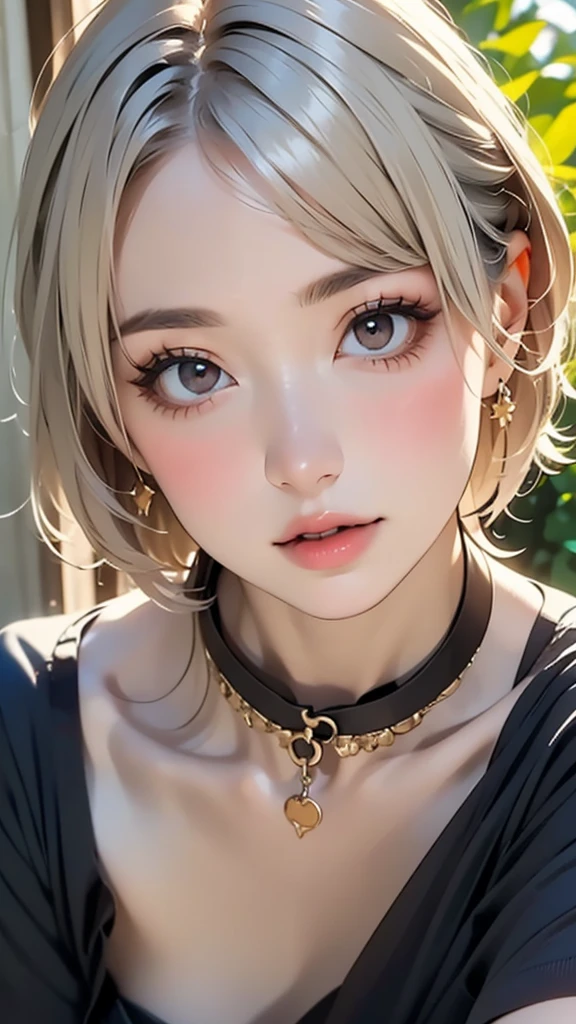 (highest quality, masterpiece), One girl, beautiful girl, Brown_eye, ((hair color [Silver hair], [Pixie cut with front hair] hair)), Earrings, lips, Short sleeve,Realistic, Tight waist, Charm, Colorful Makeup, Long eyelashes, Fair skin, (cute), (Detailed face), Detailed eye, Detailed iris,((Extremely precise and accurate anatomy:1.0)),Kind eyes,Graceful pose,(Beauty of form:1.4) Golden ratio, big eye,(nature's providence:1.4),