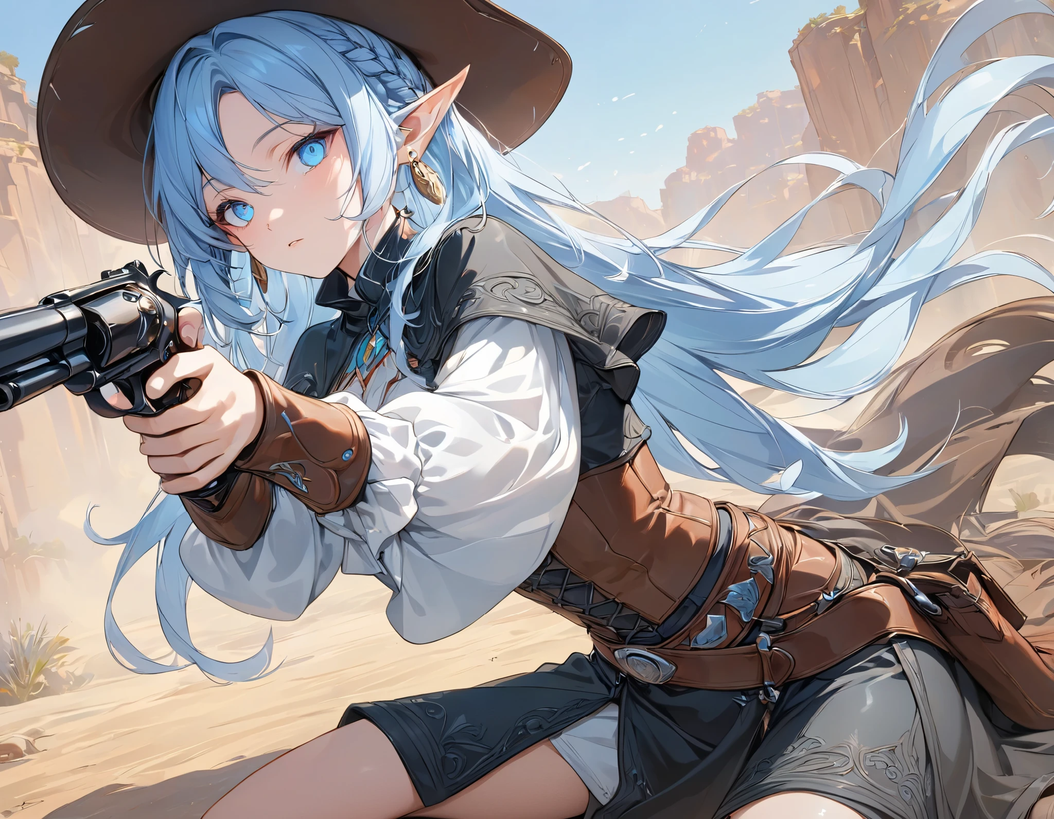 (((Best quality, 8k, Masterpiece: 1.3)), ((best quality)), ((masterpiece)), (detailed), perfect face, (detailed skin:1.3), (intricate details), Detailed eyes, elf, pointed ears, light blue hair, french braid, jewelry, earrings, Cowboys, cowboy hats, gunslinger, gun, westerns, Leather boots, kneeling, solo