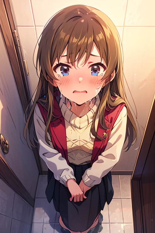  1 girl,  high definition ,  turn your gaze ,  open her mouth ,  and blushing ,  open their mouths slightly, tears, Awkward,  crying expression , anime,  super detailed,  gentle colors,  anatomically correct,  high detail,  textured skin ,  very detailed , Peeing、Character portrait, whole body、　 pee、　 can't make it in time from front full body look at viewer standing in front of toilet　 lift up the skirt 　kaori sakuramori winter clothes 　 middle skirt
 Stains feet　Wet the floor　Create a puddle
 