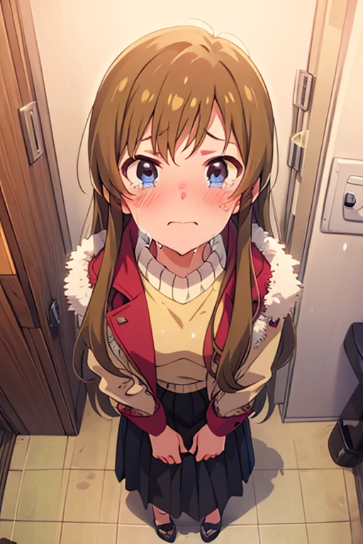  1 girl,  high definition ,  turn your gaze ,  open her mouth ,  and blushing ,  open their mouths slightly, tears, Awkward,  crying expression , anime,  super detailed,  gentle colors,  anatomically correct,  high detail,  textured skin ,  very detailed , Peeing、Character portrait, whole body、　 pee、　 can't make it in time from front full body look at viewer standing in front of toilet　 lift up the skirt 　kaori sakuramori winter clothes 　 middle skirt
 Stains feet　Wet the floor　Create a puddle
 