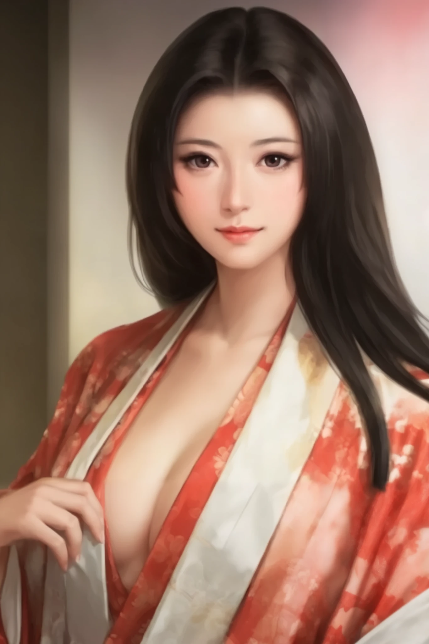   beautiful woman、Old-fashioned Japanese-style room in the morning 、   upper body only、The light in your eyes、 curly eyes  、Two-dimensional elements  、Glamorous face 、 fun face、  black wave long hair 、  big eyes、  low angle、 Big Breasts 、Wear a thin white kimono、  Beautiful breasts 、 attractive breasts、 open chest 、 Apply red makeup around the eyes