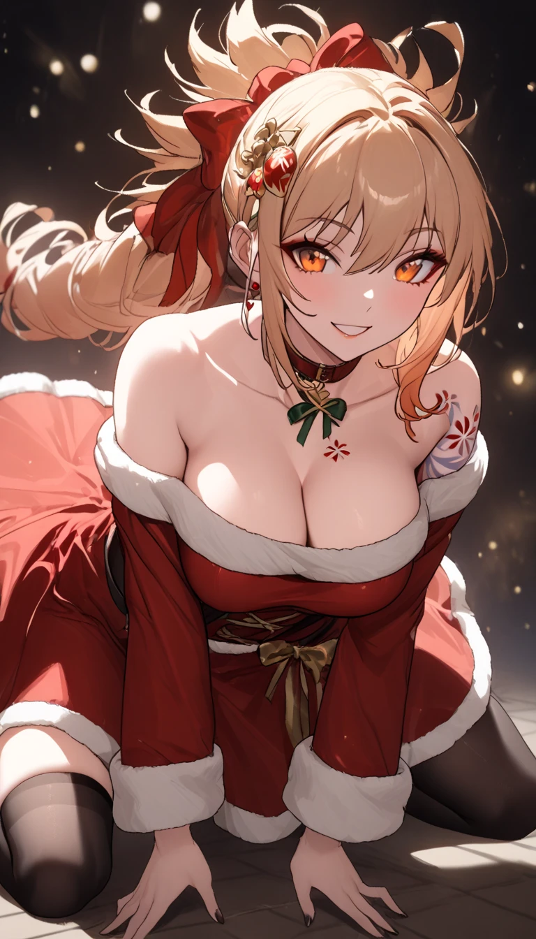 a woman wearing a santa claus costume, christmas dress, red dress, santa claus hat, thigh high black stockings, seductive smile , Beautiful flirtatiously smiling, focused on the viewer, off the shoulders, kneeling on the floor,best quality,4k,christmas,festive,holiday,winter,warm,cozy,magical,whimsical,joyful,vibrant colors,glowing lights,cinematic lighting,solo, big breasts, dynamic angle, cleavage ,mature female,yoimiya, bangs, blonde hair, hair ornament, hair between eyes, ponytail, sidelocks, orange eyes, light brown hair, full body shot, (negative_v2 Color_Balance_Calibration:0.8), unaestheticXL_cbp62 , negativeXL_D, aidxlv05_neg, dynamic pose
