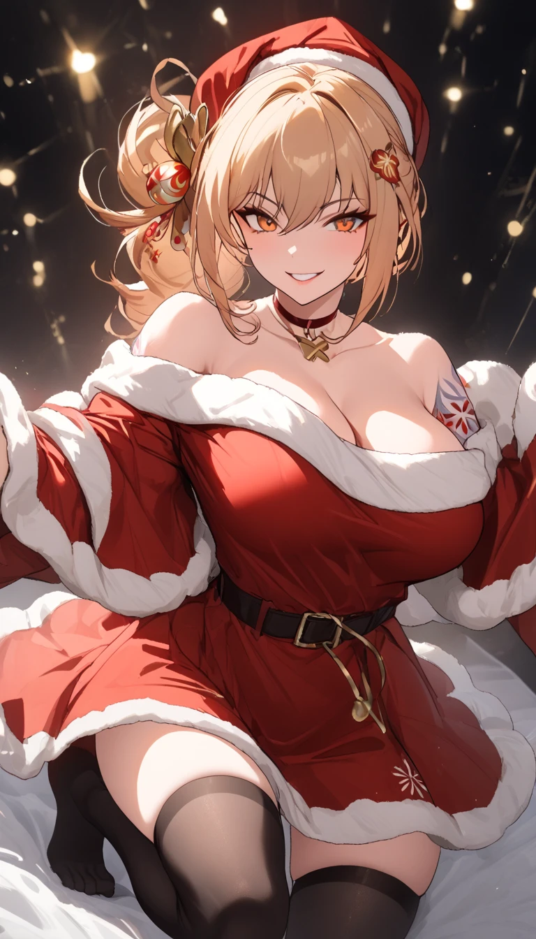 a woman wearing a santa claus costume, christmas dress, red dress, santa claus hat, thigh high black stockings, seductive smile , Beautiful flirtatiously smiling, focused on the viewer, off the shoulders, kneeling on the floor,best quality,4k,christmas,festive,holiday,winter,warm,cozy,magical,whimsical,joyful,vibrant colors,glowing lights,cinematic lighting,solo, big breasts, dynamic angle, cleavage ,mature female,yoimiya, bangs, blonde hair, hair ornament, hair between eyes, ponytail, sidelocks, orange eyes, light brown hair, full body shot, (negative_v2 Color_Balance_Calibration:0.8), unaestheticXL_cbp62 , negativeXL_D, aidxlv05_neg, dynamic pose
