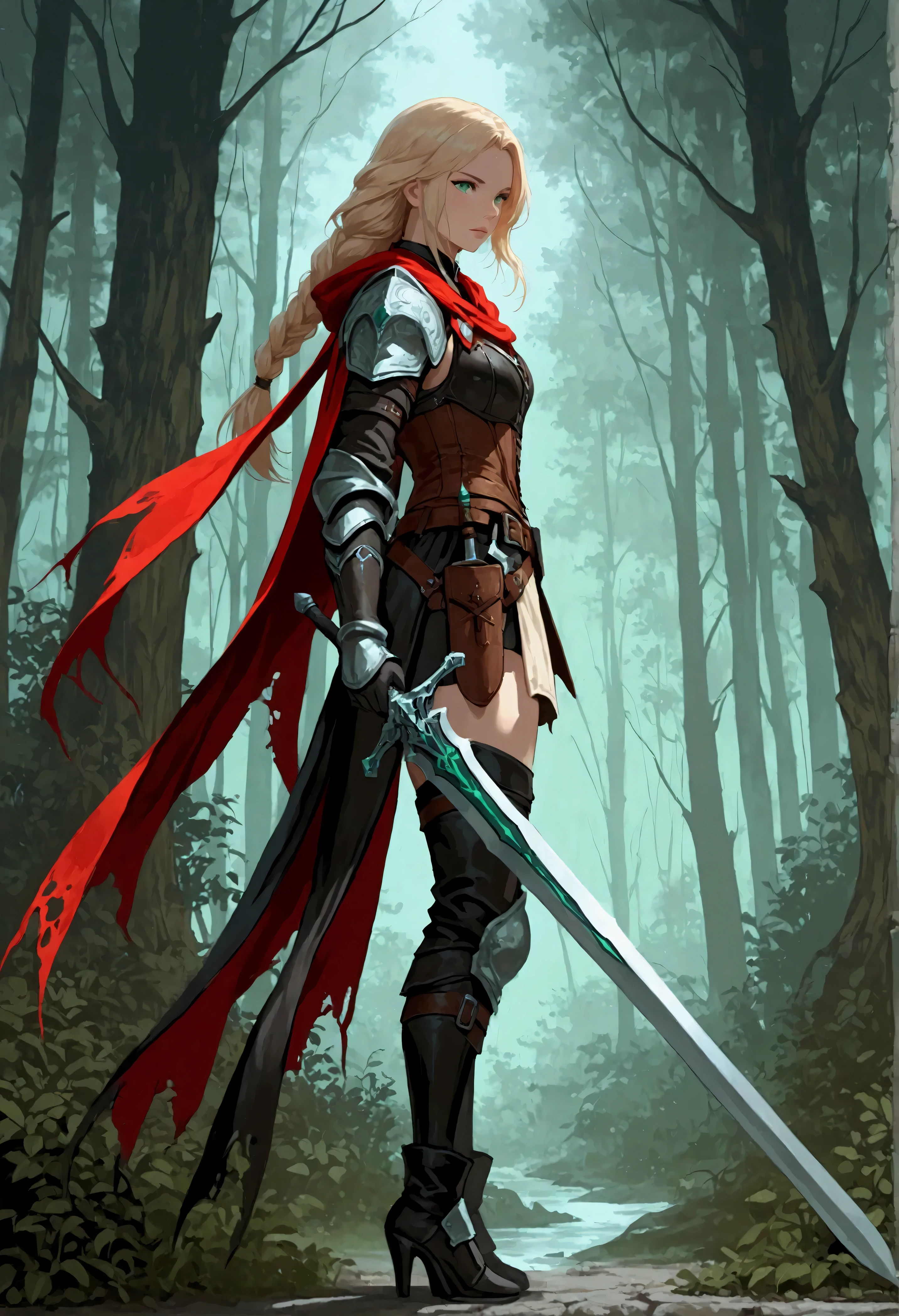 score_9, score_8_up, score_7_up, score_6_up, score_5_up, score_4_up,  fantasy art, RPG art, Dark fantasy art, ultra wide shot, RAW, photorealistic, a portrait picture of female human ranger, the ranger, an exquisite beautiful human woman, long blond hair, braided hair, green eyes, wearing leather armor, wearing (red cloak: 1.1), armed with a (sword: 1.3), wearing high heels  boots, standing in a dark forest at night, (mist rising from the grounds: 1.3), a sense of dread and fear, yet she stands defiant and fearless, dark fantasy forest background, best quality, 16k, [ultra detailed], masterpiece, best quality, (ultra detailed), full body, ultra wide shot, Curved Sword Slash, 