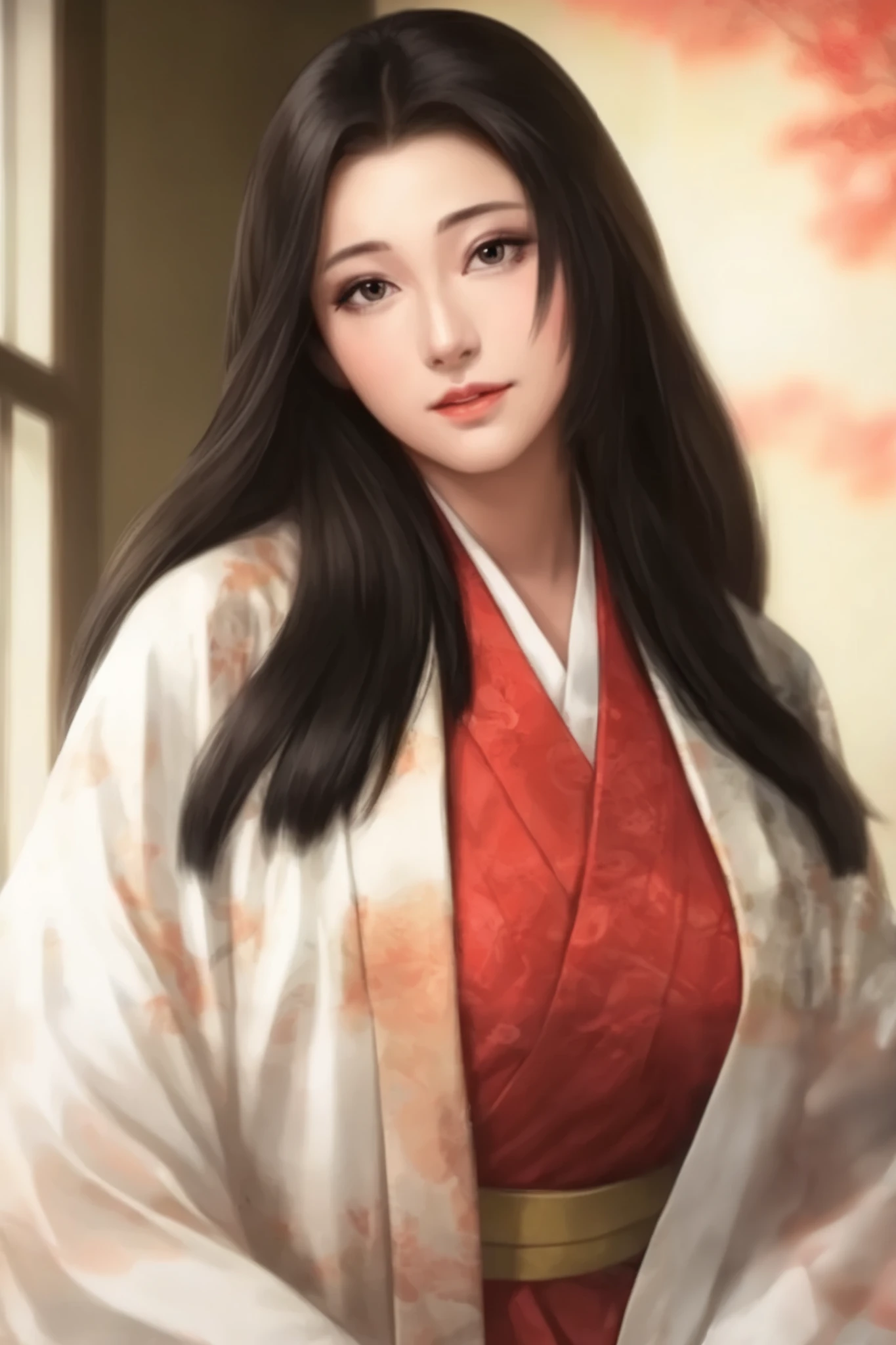   beautiful woman、Old-fashioned Japanese-style room in the morning 、   upper body only、The light in your eyes、 curly eyes  、Two-dimensional elements  、Glamorous face 、 fun face、  black wave long hair 、  big eyes、  low angle、 Big Breasts 、Wear a thin white kimono、  Beautiful breasts 、 attractive breasts、 open chest 、 Apply red makeup around the eyes