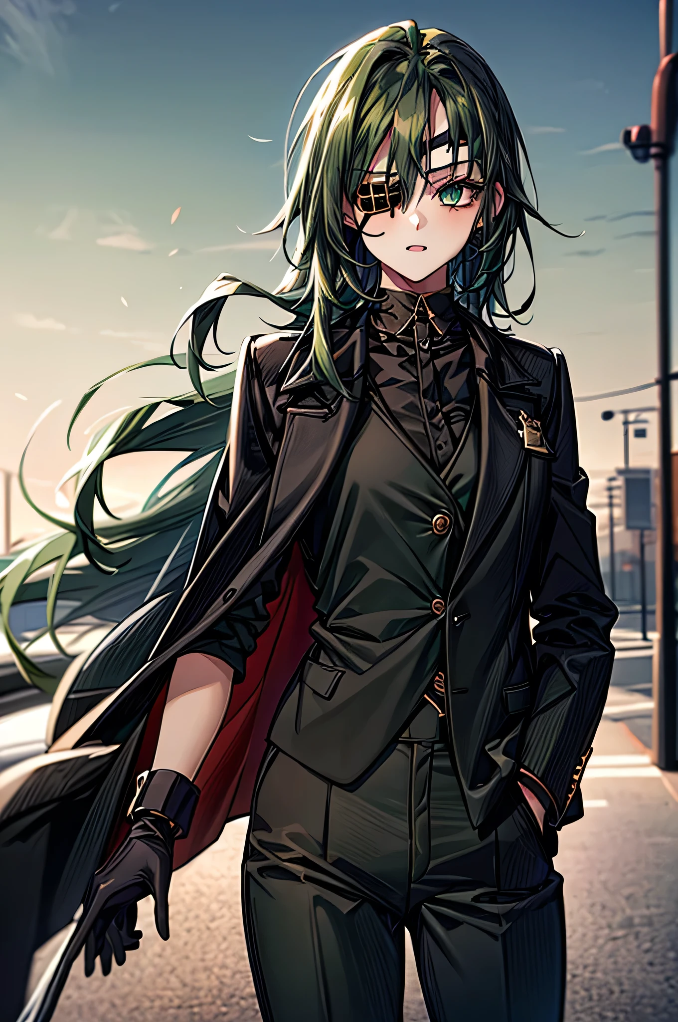 One Girl ,Dark green hair, long hair on background,Eye patch(right eye), green eyes(left eye), black suit, white shirt, black tie, black pants, Black Gloves , is cool, handsome,Around town