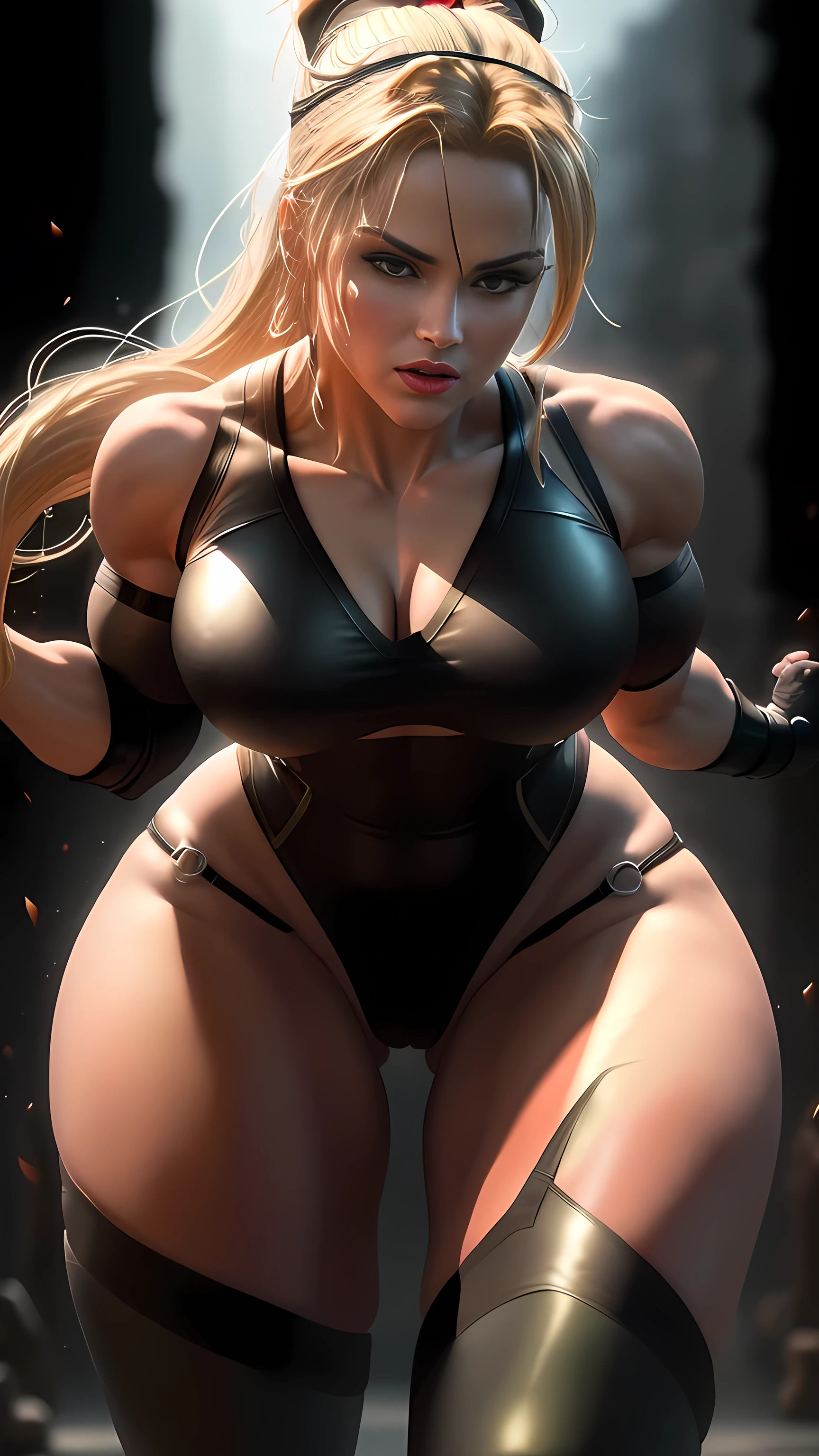 Sonya Blade from Mortal Kombat, red lingerie, full body, dynamic background, big breasts, ass, from back, cameltoe view, cameltoe, with beautiful detailed eyes, lips, and face. (best quality,4k,8k,highres,masterpiece:1.2), ultra-detailed, (realistic,photorealistic,photo-realistic:1.37), HDR, UHD, studio lighting. The colors should be vibrant and intense, with a slight greenish tone to represent the iconic Mortal Kombat aesthetic. The lighting should emphasize her features, casting strong and dramatic shadows on her face.