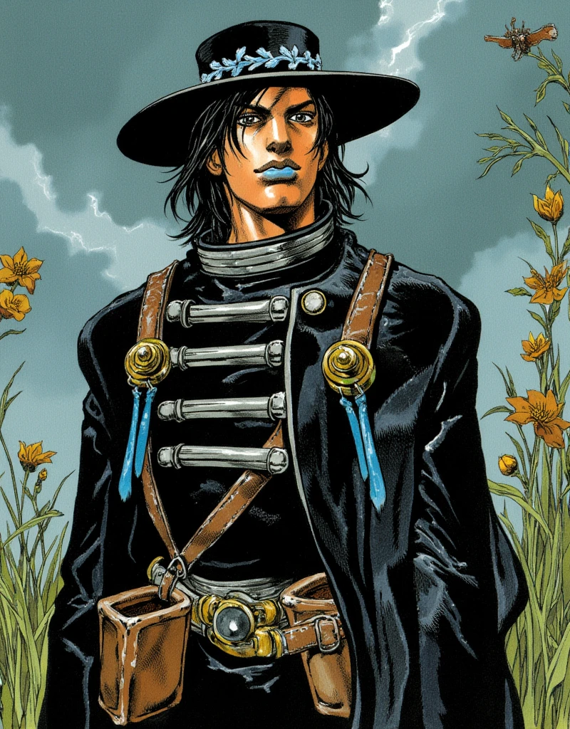 In a strikingly intricate traditional art style reminiscent of Hirohiko Araki, 
Portrait of a stoic frontier tracker in 1890s America: Tall figure wearing a distinctive high-collared black coat, black coat with silver gauges sewn in, rain-measuring hat brim, storm-grey eyes, leather straps with brass instruments, 1890s period details, wet surfaces, stormy natural lighting, tanned skin, brown skin, blue lips, blue lips color, blue eyes, eyeshadow, blue skin, Hirohiko Araki, Jojo, manga