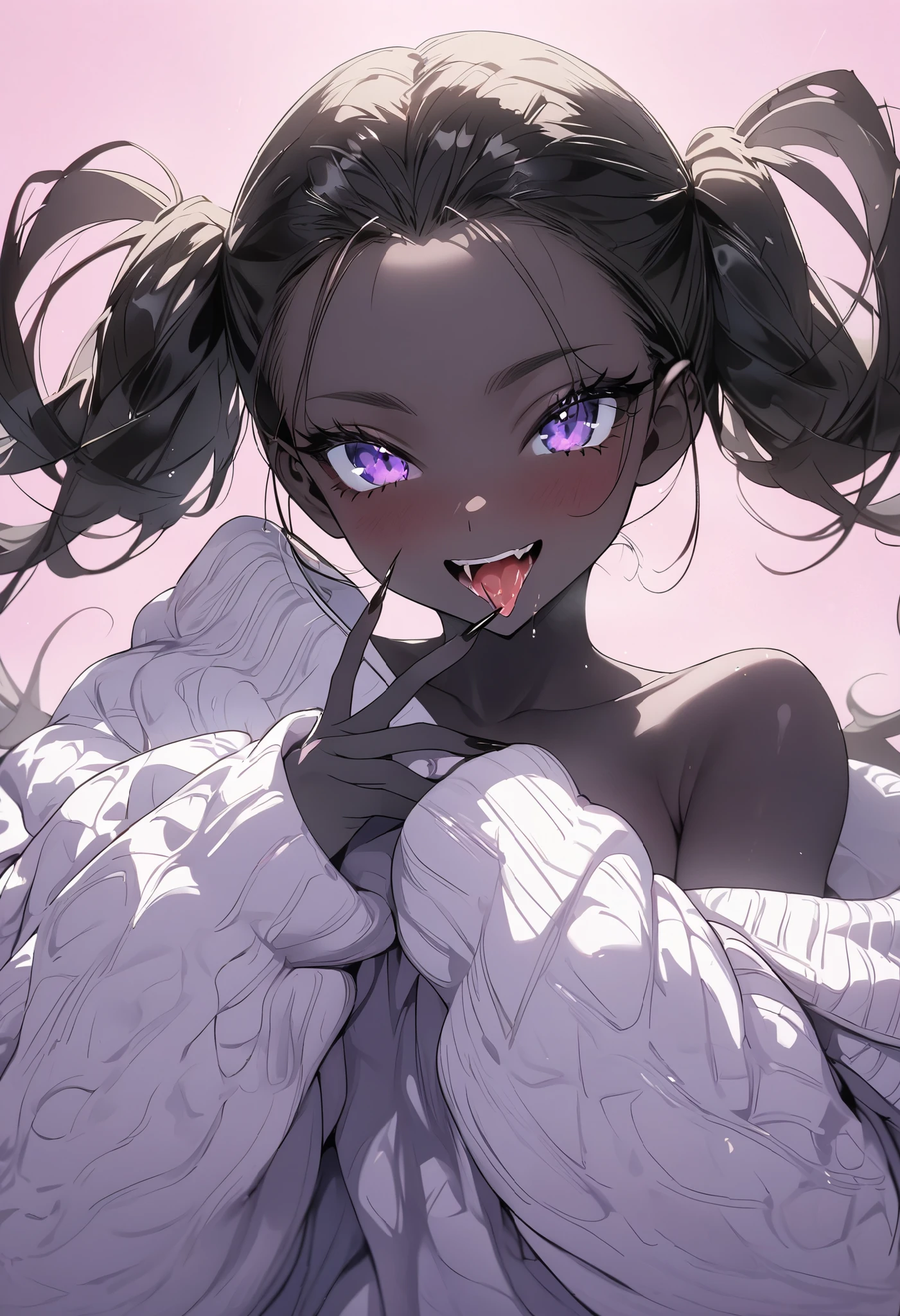beautiful, (masterpiece:1.2), (best quality:1.2), perfect eyes, perfect face, perfect lighting, 1girl, look at the viewer, (ahegao:0.5), sexy pose、brown、black skin, nacked, nude, tanned skin , purple eyes, dark blue colour heir, sexy body, black nailpolish, showing her long finger nails to the viewers , pink background, long finger nails , twintail hairstyle