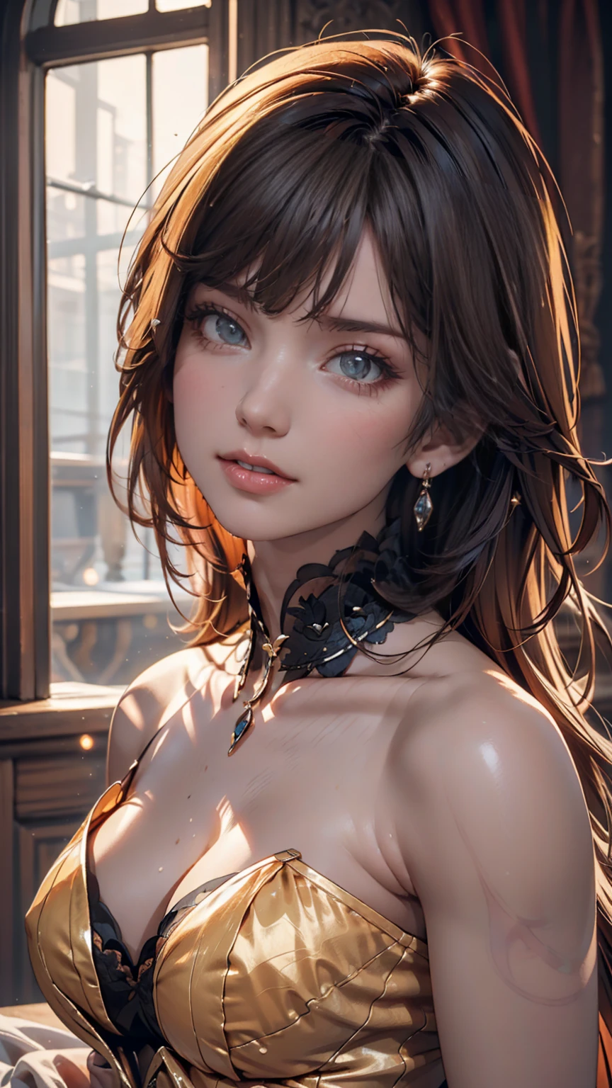 top-quality、masterpiece、hight resolution,(Pure color:0.9)、(Farbe:1.1)、(masuter piece:1,2)、、Original、highly detailed wallpaper、(Fantastical)、Hair beauty、Victorian、doress、Unhappy、Katyusha、Sepia color、40 years、Upper body diagram、(Small breasts:1.3)、(areola is visible:1.8)、(distinctive areola:1.4),、(The shape of the nipple is floating:1.3)、Very realistic breasts