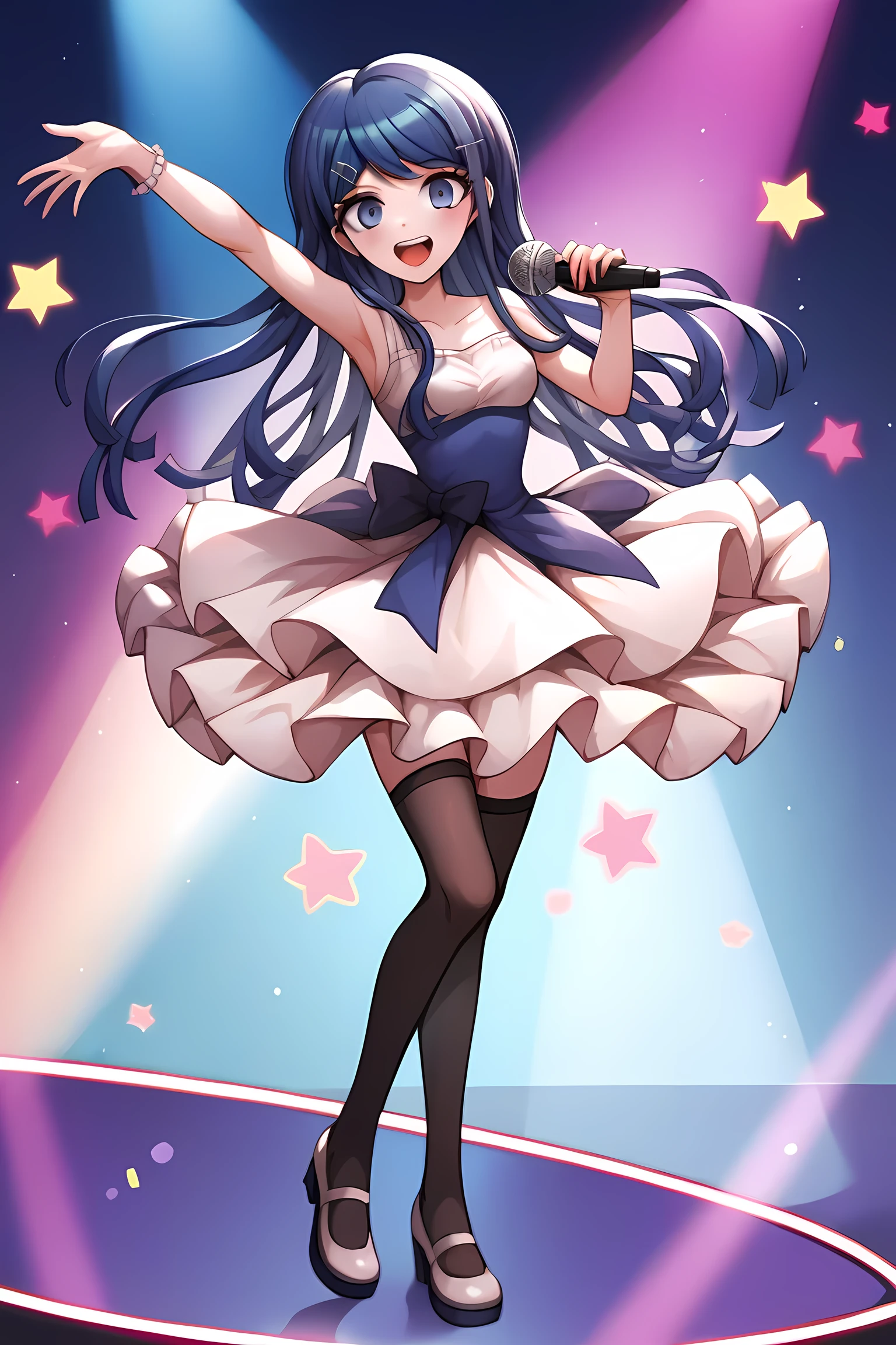 score_9, score_8_up, score_7_up, score_6_up, score_5_up, score_4_up, BREAK source_anime, Maizono Sayaka, Danganronpa, blue hair, long hair, blue eyes, hair ornament, blue hair, hairclips, cute idol dress, open mouth, super happy smiling, singing, dancing, holding microphone, live stage, neon light, full body, masterpiece, best quality, very aesthetic, ultra detailed,