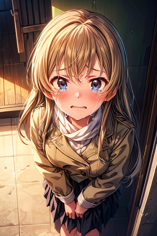  1 girl,  high definition ,  turn your gaze ,  open her mouth ,  and blushing ,  open their mouths slightly, tears, Awkward,  crying expression , anime,  super detailed,  gentle colors,  anatomically correct,  high detail,  textured skin ,  very detailed , Peeing、Character portrait, whole body、　 pee、　 can't make it in time from front full body look at viewer standing in front of toilet　 lift up the skirt 　kaori sakuramori winter clothes 　 middle skirt
 Stains feet　Wet the floor　Create a puddle
 