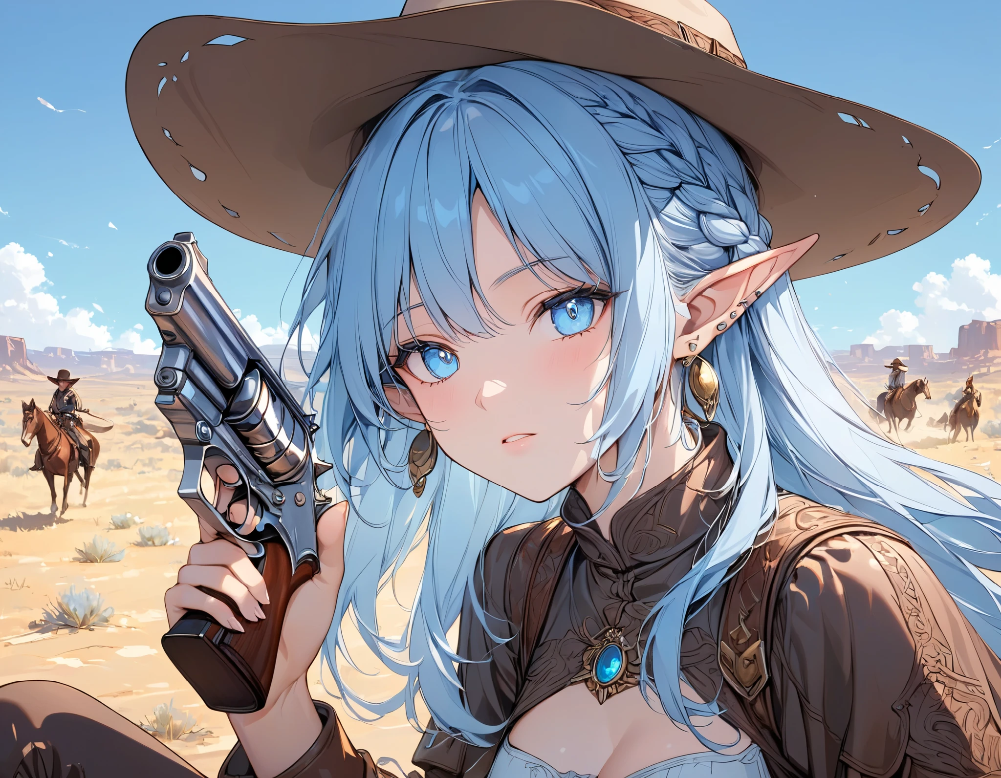 (((Best quality, 8k, Masterpiece: 1.3)), ((best quality)), ((masterpiece)), (detailed), perfect face, (detailed skin:1.3), (intricate details), Detailed eyes, elf, pointed ears, light blue hair, french braid, jewelry, earrings, Cowboys, cowboy hats, gunslinger, gun, westerns, Leather boots, kneeling, solo