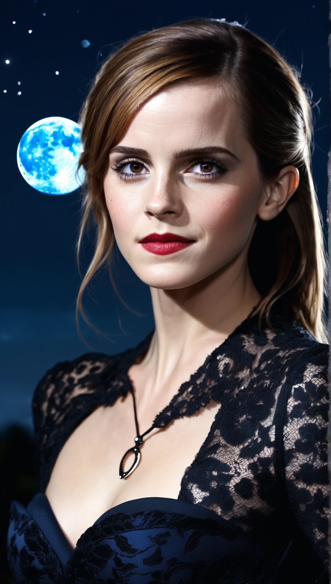 Emma watson queen, Beautiful and sexy woman, very big breasts, too long straight hair, Red color, white skin, Blue eyes, soft face, sexy cleavage, background of the moon floating in the middle of the spooky night