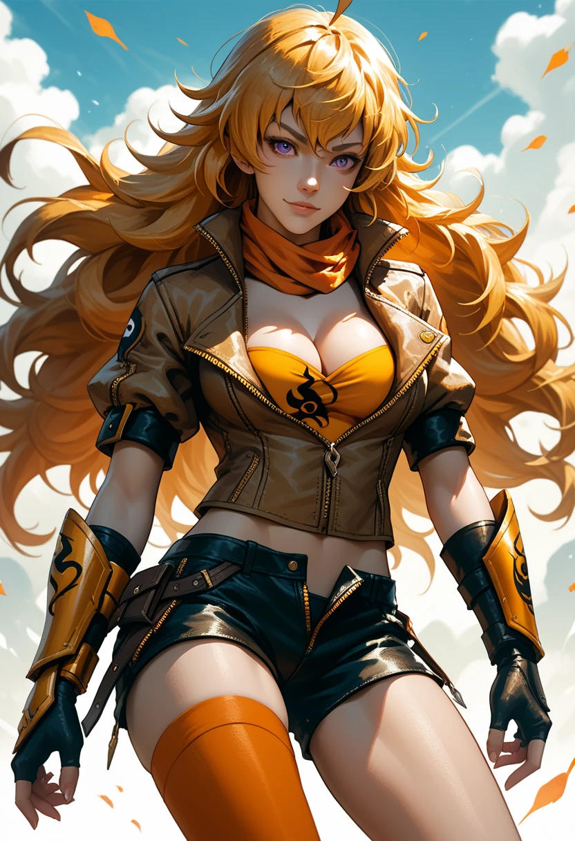 (Yang Xiao Long) from "RWBY", rwbyyangs1, brown jacket, short sleeves, vambraces, black gloves, fingerless gloves, (unzipped black shorts:1.42), orange thighhighs, single thighhigh, orange scarf, midriff, cleavage 