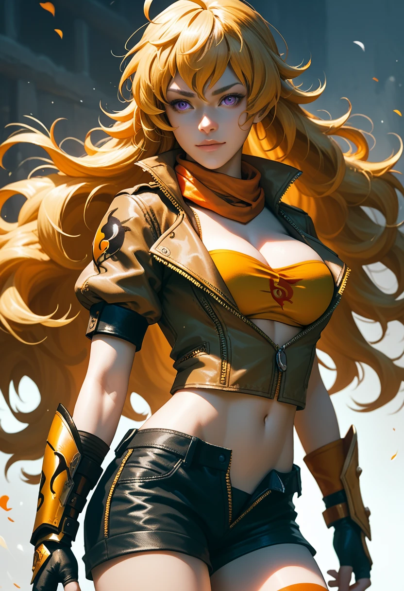 (Yang Xiao Long) from "RWBY", rwbyyangs1, brown jacket, short sleeves, vambraces, black gloves, fingerless gloves, (unzipped black shorts:1.42), orange thighhighs, single thighhigh, orange scarf, midriff, cleavage 