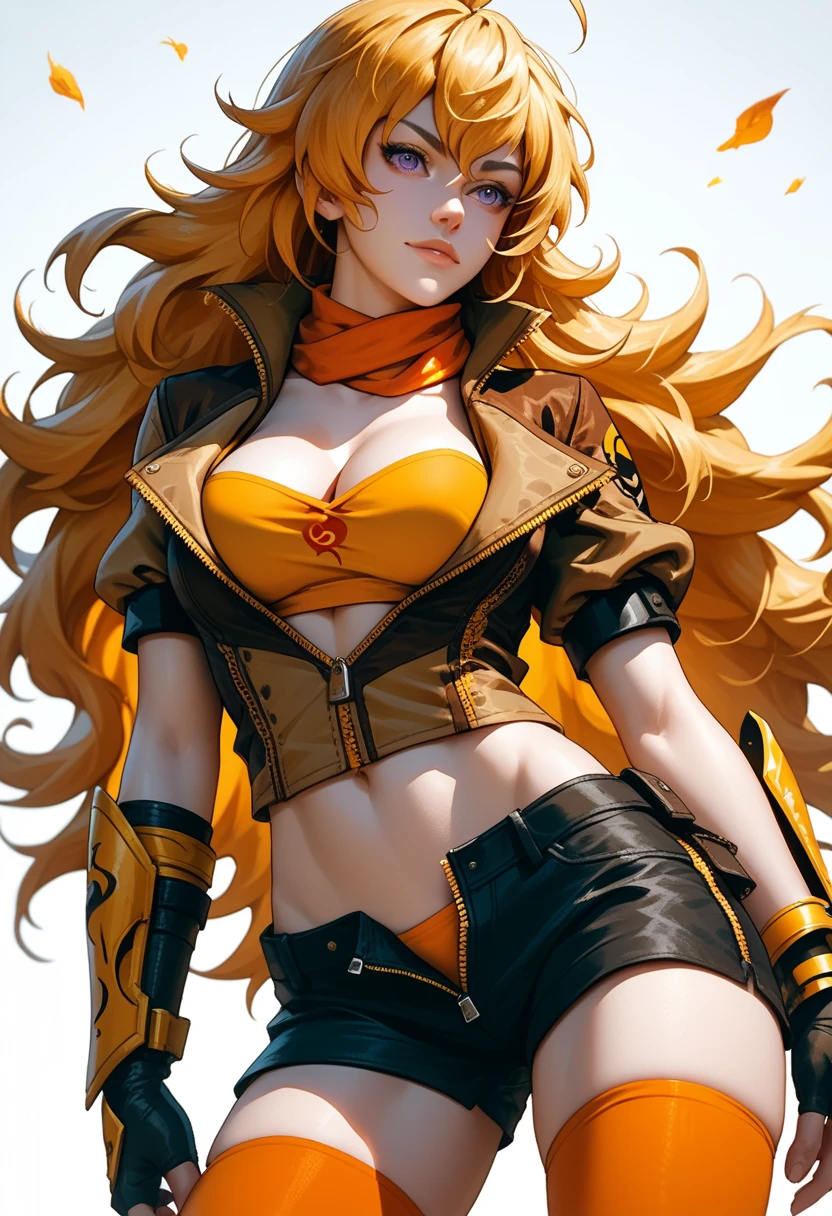 (Yang Xiao Long) from "RWBY", rwbyyangs1, brown jacket, short sleeves, vambraces, black gloves, fingerless gloves, (unzipped black shorts:1.42), orange thighhighs, single thighhigh, orange scarf, midriff, cleavage 