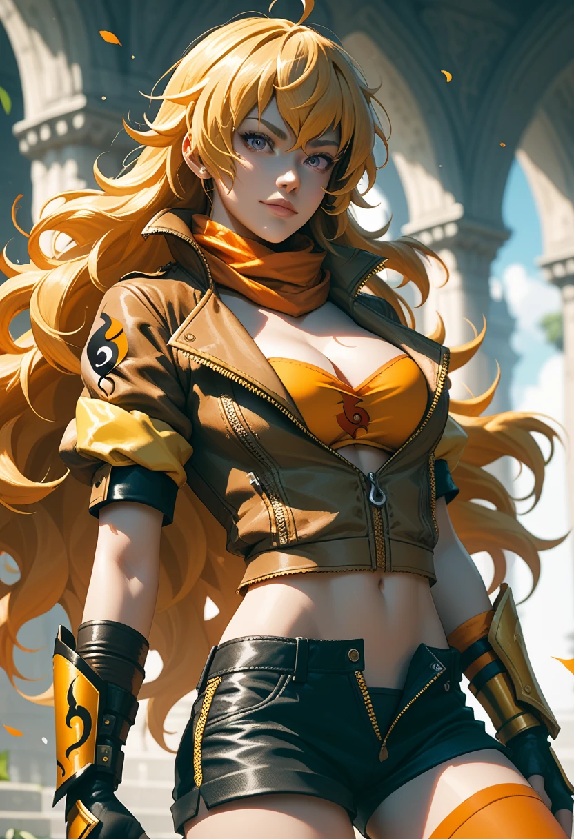 (Yang Xiao Long) from "RWBY", rwbyyangs1, brown jacket, short sleeves, vambraces, black gloves, fingerless gloves, (unzipped black shorts:1.42), orange thighhighs, single thighhigh, orange scarf, midriff, cleavage 