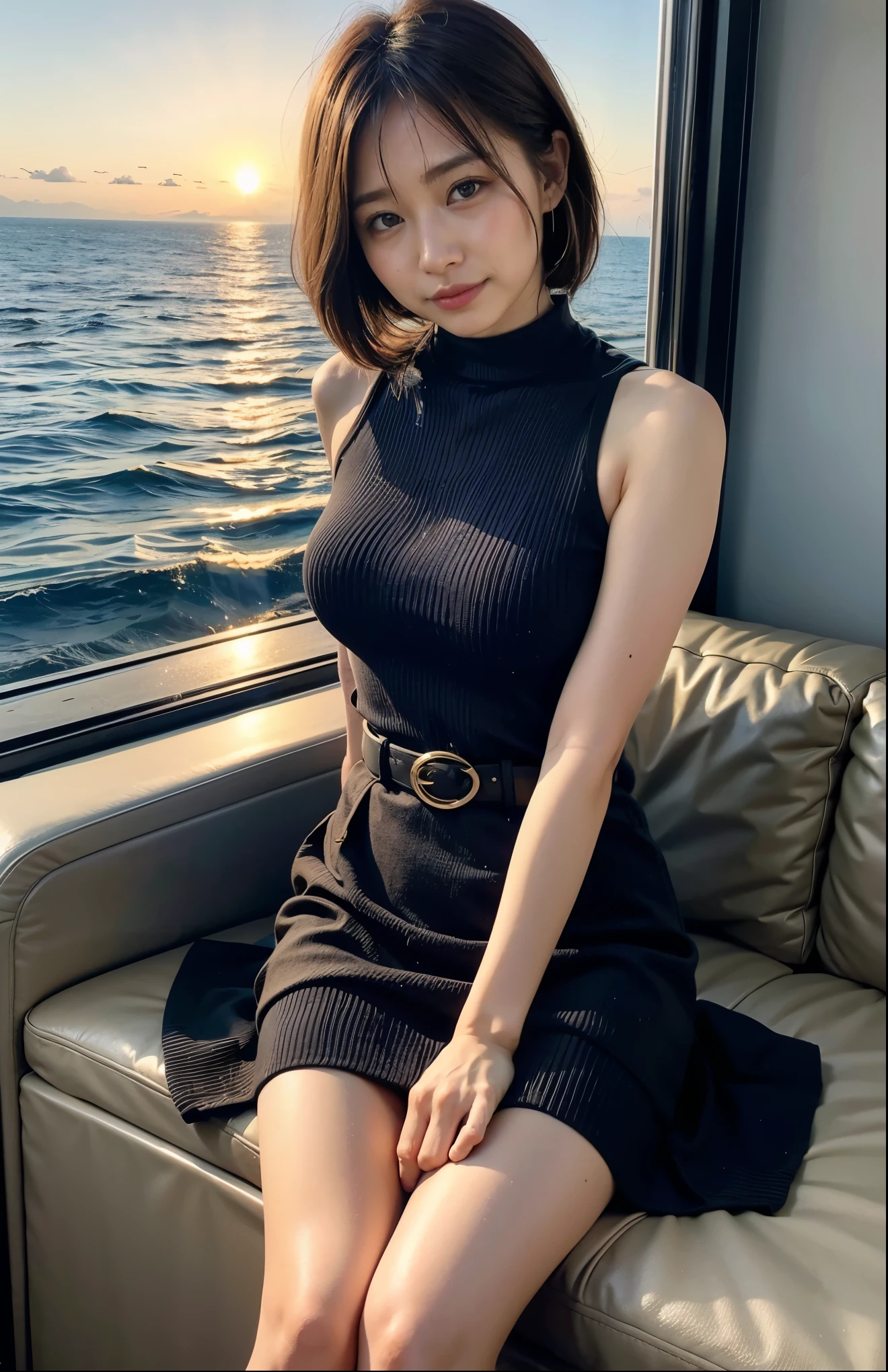 Medium Short Hair、No sleeve、Woman standing on a boat、Light brown hair、Elegant hairstyle、Blue Eyed Woman、A woman with a cute upward gaze、When the sky gets dark、The gentle light of the ship shines、The sky turns red as the sun sets、Tight clothing that shows your body lines、、Elegant navy blue summer knit、Elegant black summer sweater、belt、Short skirt、Dress elegantly着こなす、Luxury Bagedium Shorthair:1.4))、Skyscrapers seen across the sea、Manhattan 私sland is visible offshore、Woman on a sightseeing boat、、The sun shines on her、Light brown hair、Light brown hair、The sky was dyed red、There are clouds、private's cute、An elegantly dressed woman is sitting on a boat and watching the sunset、彼女のAmple breastsは服の上からでも明らかです.、輝く太陽はとてもbeautiful、Dusk is approaching、Lens flare、I can see the sunset、((Sunlight reflecting off the ocean、Ocean View、The sun shines on the sea、'beautiful.、Small earrings、private'evening、Birds are also flying、、Brown Hair Color、Tying up hair、The woman is on the right:1.4))、高級レザーbelt、Shiny clothes、Light beige hair color、Background Blur、Braid only the front hair、Light brown hair、{{Cowgirl Shot}}、((Close-up shot from the waist up、Ample breasts:1.4))、にっこりsmile、Silk clothing、服からでも分かるAmple breasts、Braid only the front hair、Cowboy Shot、Gorgeous white collared silk shirt and brown skirt、Dress elegantly、Luxury Bags、素敵なsmile、((Ample breasts))、Full body photo、ring、Short skirt、Tuck your hair behind one ear、Silver Necklace、smile、 Elegant ponytail、Caustics、Highly detailed photos、Very beautiful and ideal short hair、Super no makeup、(8K、RAW Photos、Highest quality、masterpiece:1.2)、(Realistic、Realistic)、1 Girl、((Medium Short Hair、Looking into the camera:1.4))、Hair blowing in the wind