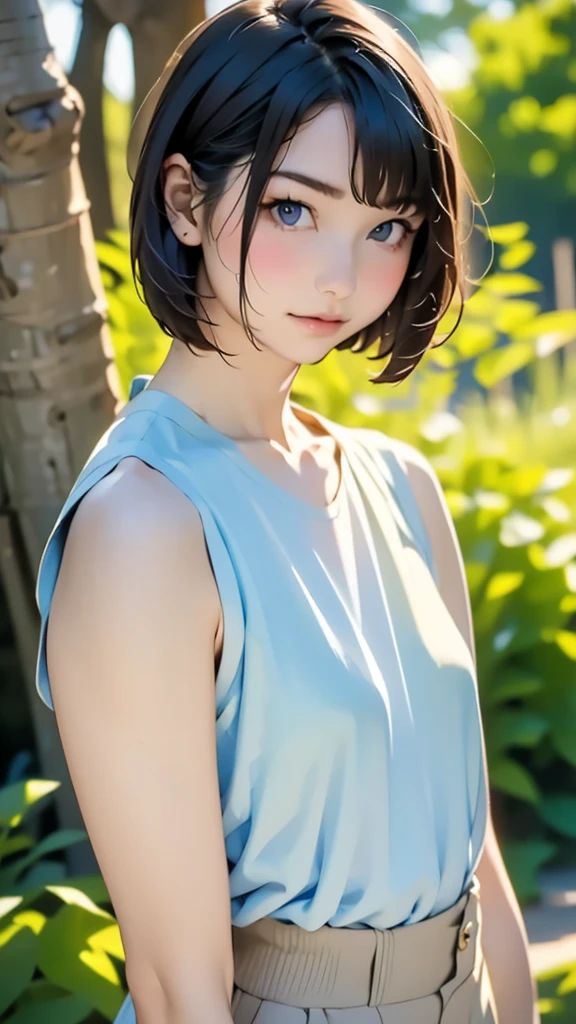 (((pixel-perfect, detail-perfect))), HDR, 4K, 1girl, solo, exposed back, looking at viewer, upper body, black hair, bob_hair, short-hair, short bob hair, (((bobcut) )), ((haircut:1.3)), undercut, bobbed hair, minibob, sidecut, buzz haircut, sidecut, side of head shaved, purple eyes, ((Shave his hair)), Short ear hair, graduation bob, (cowboy shot:1.5), straight short hair, buzzed nape, tank top, nike logo, ((Extremely precise and accurate anatomy:1.0)),Kind eyes,Graceful pose,(Beauty of form:1.4) Golden ratio, big eye,(nature's providence:1.4),