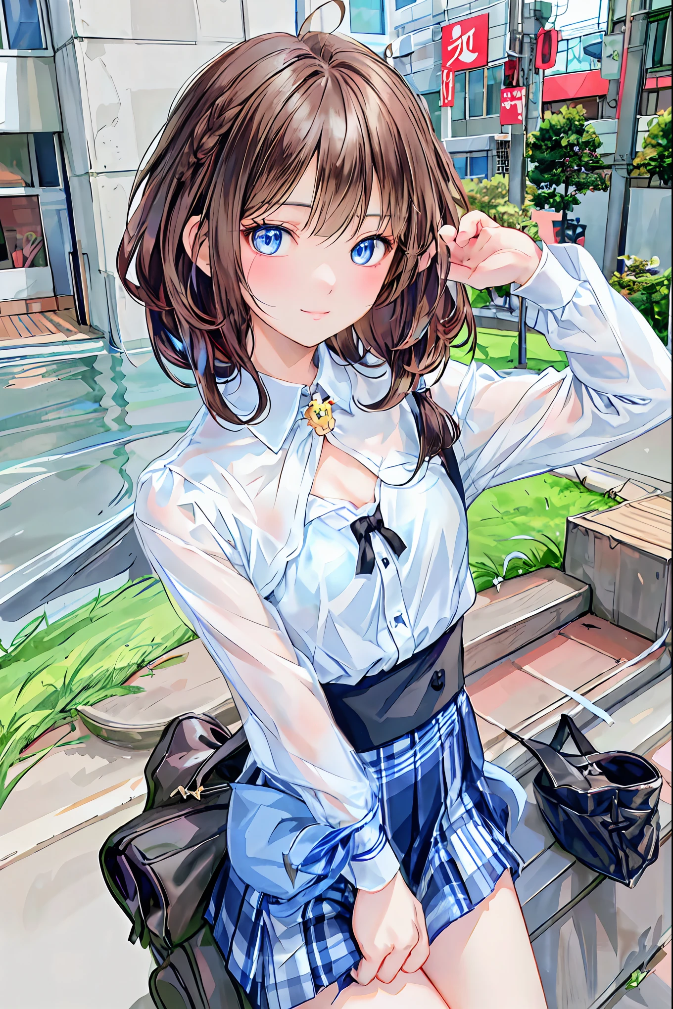 ( s)， top quality，  Beautiful Faces in Every Detail  ，cute， dark brown eyes，(背の低いcute女の子，Young student，Young and delicate girl）,（masterpiece， top quality)， black hair， sleepy look after intercourse， short-sleeved white shirt ，Checkered white skirt，Pathetic，Pathetic，Pathetic， brown hair ， shortcut， messy hair， short braided hair，Neat， slender beauty，Dignified posture， small breasts， beautiful legs with tails， Her enchanting gray-blue eyes sparkle like stars， bright color,  beautiful eyes ,A delicate smile,textured skin, top qualityを誇る,  gentle and beautiful woman  , Anime Style ､