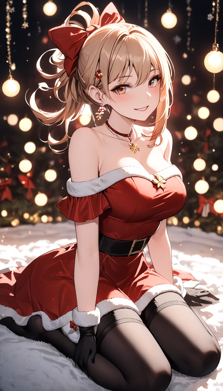 a woman wearing a santa claus costume, christmas dress, red dress, santa claus hat, thigh high black stockings, seductive smile , Beautiful flirtatiously smiling, focused on the viewer, off the shoulders, kneeling on the floor,best quality,4k,christmas,festive,holiday,winter,warm,cozy,magical,whimsical,joyful,vibrant colors,glowing lights,cinematic lighting,solo, big breasts, dynamic angle, cleavage ,mature female,yoimiya, bangs, blonde hair, hair ornament, hair between eyes, ponytail, sidelocks, orange eyes, light brown hair, full body shot, (negative_v2 Color_Balance_Calibration:0.8), unaestheticXL_cbp62 , negativeXL_D, aidxlv05_neg, dynamic pose
