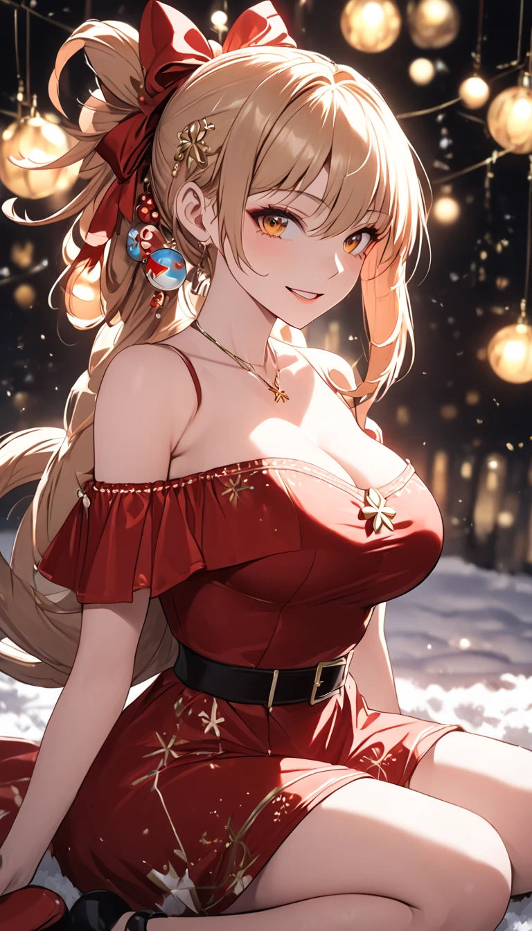 a woman wearing a santa claus costume, christmas dress, red dress, santa claus hat, thigh high black stockings, seductive smile , Beautiful flirtatiously smiling, focused on the viewer, off the shoulders, kneeling on the floor,best quality,4k,christmas,festive,holiday,winter,warm,cozy,magical,whimsical,joyful,vibrant colors,glowing lights,cinematic lighting,solo, big breasts, dynamic angle, cleavage ,mature female,yoimiya, bangs, blonde hair, hair ornament, hair between eyes, ponytail, sidelocks, orange eyes, light brown hair, full body shot, (negative_v2 Color_Balance_Calibration:0.8), unaestheticXL_cbp62 , negativeXL_D, aidxlv05_neg, dynamic pose
