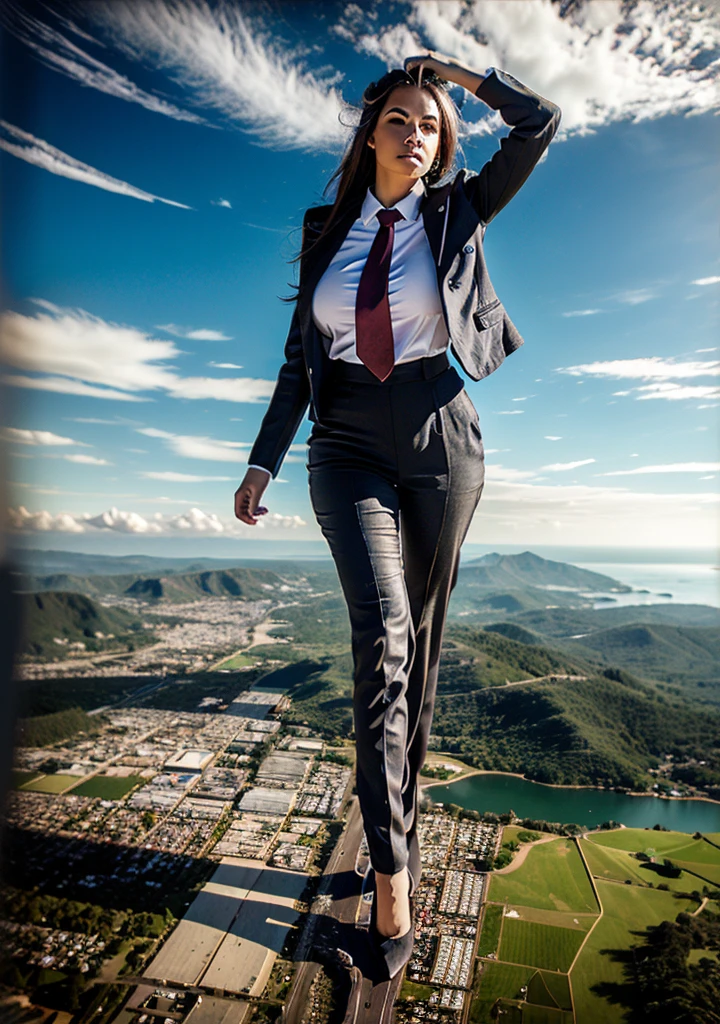  giga giantess art 1.4, full body view, walking forward with tie hanging down looking down on very tiny but massive continent, giantess so big she stands in space and where mointains are tiny compare to her, Towering giga giantess, young woman school uniform，(500,000 miles tall Looking up at the approaching woman from below), A sophisticated and stylish woman in a  perfect italian silk pinstriped trousers and blazer suit, form fitting crisp white shirt tucked neatly in trousers, and a blue paisley 15 cm wide silk necktie in a very large windsor knot, tie length down to top of trousers, with a beautiful, curvaceous figure, massive breasts, and long golen blonde hair, with a curvaceous figure and massive breasts. wearing red rounded court shoes high heels with uncovered feet and standing, rampage-like pose, with a cityscape background of tiny massive mega-city, urban sprawl, coast line, and small towns, partially obscured by a hazy, cloudy atmosphere. The image is a high-resolution, masterpiece-quality, cinematic, ultra-detailed, and hyper-photorealistic photograph, with perfect hands, face, and lighting. ultra-detailed, 8K, photo-realistic, hyper-realistic, masterpiece, intricate details, full body view. Looking at camera, The image is a high-resolution, masterpiece-quality, cinematic, ultra-detailed, and hyper-photorealistic photograph, with perfect hands, face, and lighting. ultra-detailed, 8K, photo-realistic, hyper-realistic, masterpiece, intricate details, full body view from below