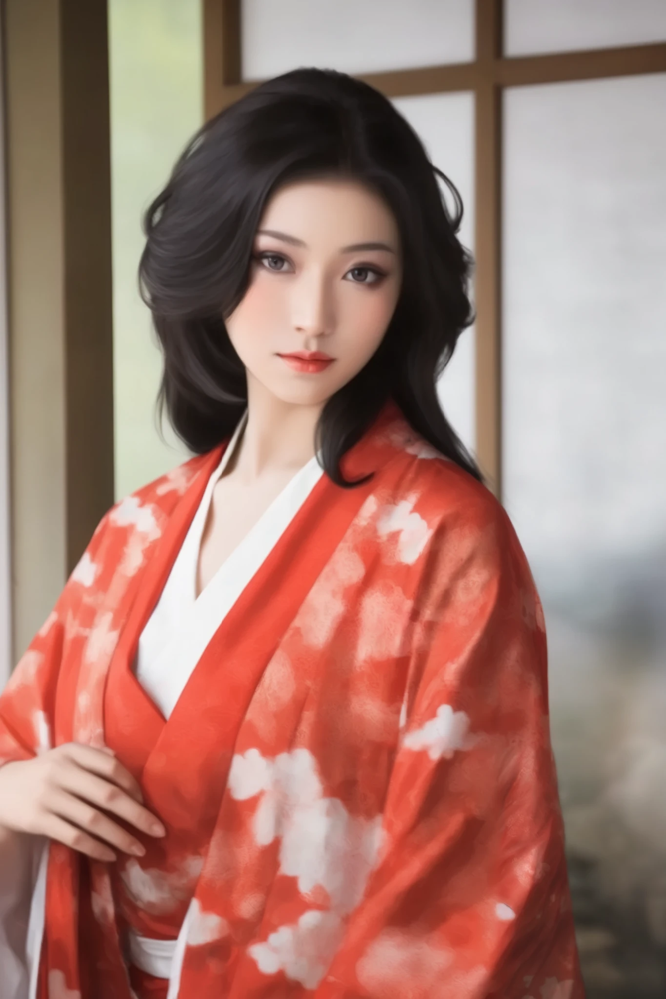   beautiful woman、Old-fashioned Japanese-style room in the morning 、   upper body only、The light in your eyes、 curly eyes  、Two-dimensional elements  、Glamorous face 、 fun face、  black wave long hair 、  big eyes、  low angle、 Big Breasts 、Wear a thin white kimono、  Beautiful breasts 、 attractive breasts、 open chest 、 Apply red makeup around the eyes