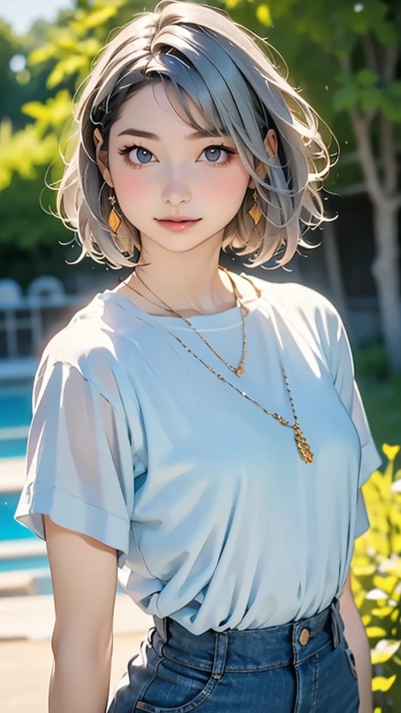 (highest quality, masterpiece), One girl, beautiful girl, Brown_eye, ((hair color [Silver hair], [Pixie cut with front hair] hair)), Earrings, lips, Short sleeve,Realistic, Tight waist, Charm, Colorful Makeup, Long eyelashes, Fair skin, (cute), (Detailed face), Detailed eye, Detailed iris,((Extremely precise and accurate anatomy:1.0)),Kind eyes,Graceful pose,(Beauty of form:1.4) Golden ratio, big eye,(nature's providence:1.4),