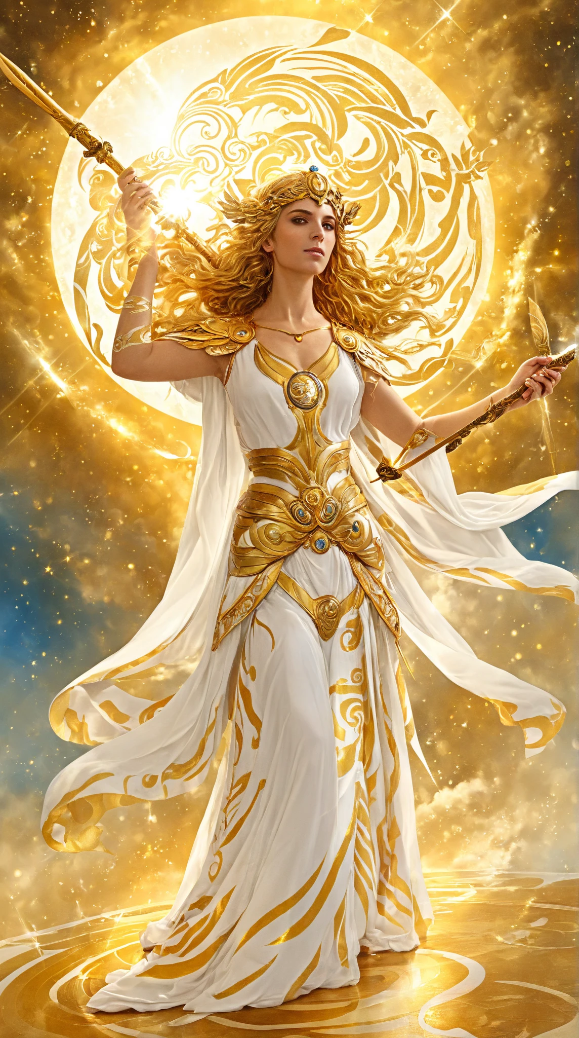 "Create a dynamic and elegant depiction of Nike, the Greek goddess of victory. Portray her as a graceful yet powerful figure with flowing golden hair and radiant, feathered wings that shimmer in shades of white and gold. She wears a flowing, lightweight chiton that swirls around her as if caught in the wind, adorned with subtle laurel leaf patterns symbolizing triumph. Nike holds a golden laurel wreath in one hand, ready to crown a victor, and a gleaming sword in the other, symbolizing the hard-fought battles leading to glory. Her expression is determined yet serene, exuding confidence and inspiration. The background features a celestial setting with glowing clouds, shafts of sunlight, and faint constellations, emphasizing her divine presence. Use a luminous color palette of gold, white, and soft blue, with radiant light effects to capture her ethereal beauty and essence of victory."










