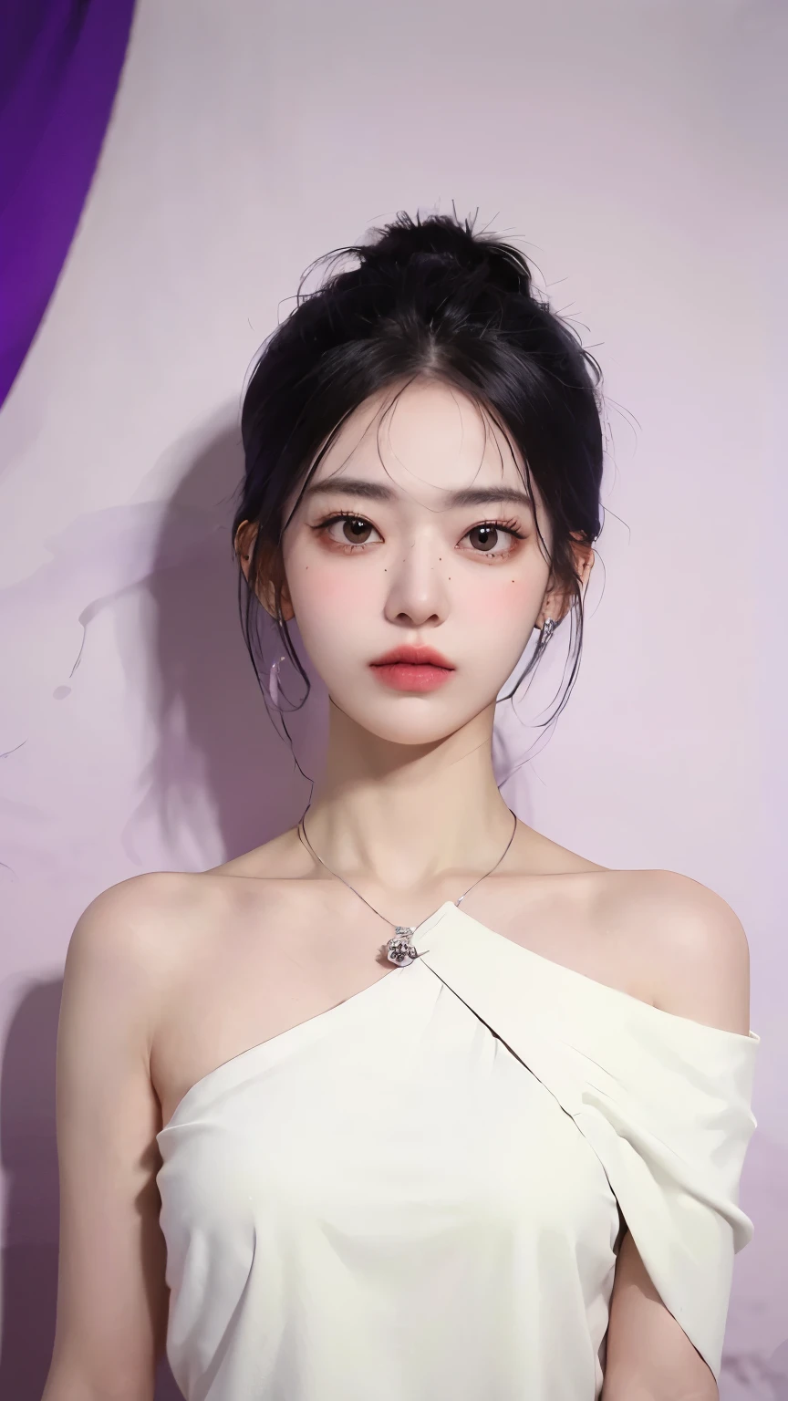 (Extra detailed body、The face is rich in detail、Best quality:1.2)、woman、Looking at the audience、（Quirky stylish、Large shoulder-length piercing、A necklace、Contrast purple, White and black clothes、Asymmetry)、(Ivory Wall)