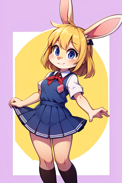 solo, male, rabbit, yellow colored fur, lean body, Anthropomorphic rabbit, femboy, Skirt, noticeable bulge