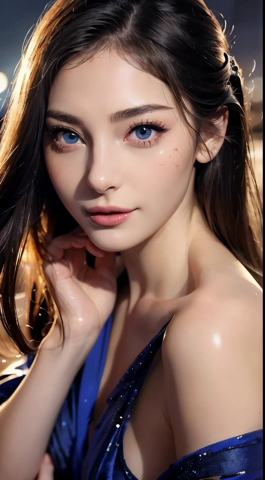 Beautiful woman in kimono,body portrait、8k,fine and beautiful eyes,Dindal effect、masterpiece, 最high quality, high quality, High resolution、very detailed photos、(natural skin texture、fine skin、hyper realism、Super sharpness)、high detail skin、(very detailed、fine skin texture、intricate details、beautiful face、(lifelike face)、realistic eyes、beautiful and detailed eyes、real looking skin、beautiful skin、surreal、very detailed、golden ratio、with smiling eyes、((night moonlight background))、blue eyes、G cup、erotic body、shiny skin、body portrait、sexy knit dress、beautiful feet、Seiza Pose、Take a picture of the whole body