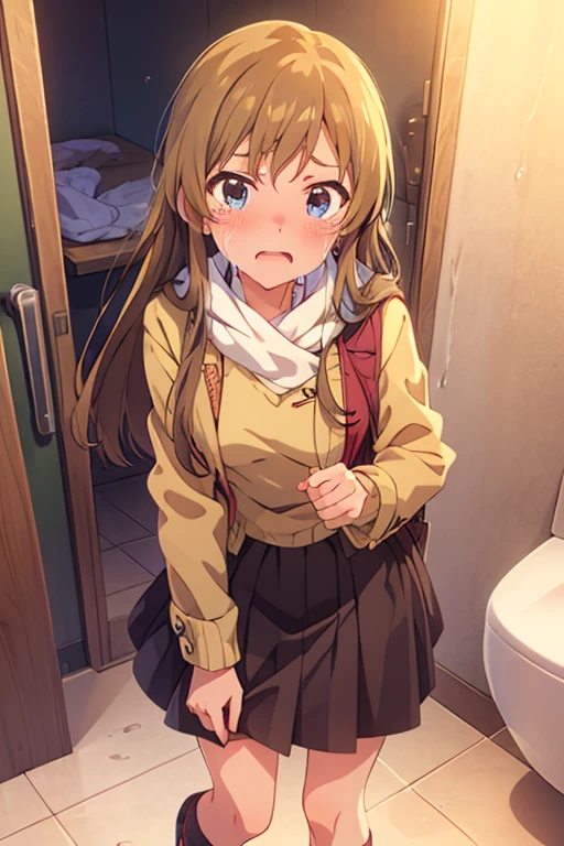  1 girl,  high definition ,  turn your gaze ,  open her mouth ,  and blushing ,  open their mouths slightly, tears, Awkward,  crying expression , anime,  super detailed,  gentle colors,  anatomically correct,  high detail,  textured skin ,  very detailed , Peeing、Character portrait, whole body、　 pee、　 can't make it in time from front full body look at viewer standing in front of toilet　 lift up the skirt umi kousaka winter clothes 　 middle skirt
 Stains feet　Wet the floor　Create a puddle 内股　 skirt that makes the leg crooked　 Hold down crotch wet your feet with pee
 