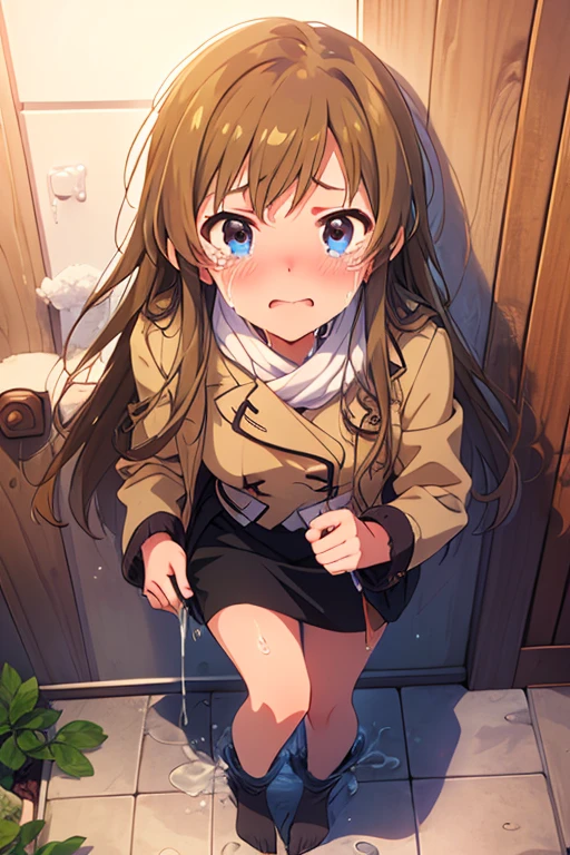  1 girl,  high definition ,  turn your gaze ,  open her mouth ,  and blushing ,  open their mouths slightly, tears, Awkward,  crying expression , anime,  super detailed,  gentle colors,  anatomically correct,  high detail,  textured skin ,  very detailed , Peeing、Character portrait, whole body、　 pee、　 can't make it in time from front full body look at viewer standing in front of toilet　 lift up the skirt umi kousaka winter clothes 　 middle skirt
 Stains feet　Wet the floor　Create a puddle 内股　 skirt that makes the leg crooked　 Hold down crotch wet your feet with pee
 