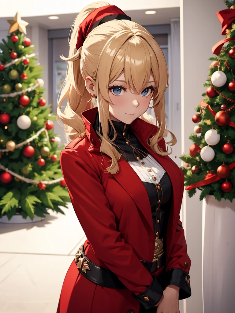 1woman, wearing a Christmas outfit with a red Christmas hat and jacket, near a indoor Christmas tree, Christmas winter season, blonde colour ponytail hair, 8k, high detailed, high quality, high accuracy