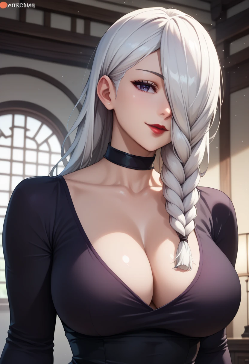 score_9,score_8_up,score_7_up,score_6_up,score_5_up,score_4_up BREAK skinny, big breasts, shiny skin,bokeh,bloom, indoors,light particles, bedroom, 1girl, ((clear eyes)), Mei Mei, (((long hair,white hair,braid,hair over one eye))), pale skin, purple eyes, medium lips, red lips, mature female, ((perfect model body)),((black dress, deep neckline, black choker)), wide hips, model pose, posing, sexy smile, extremely muscular arms