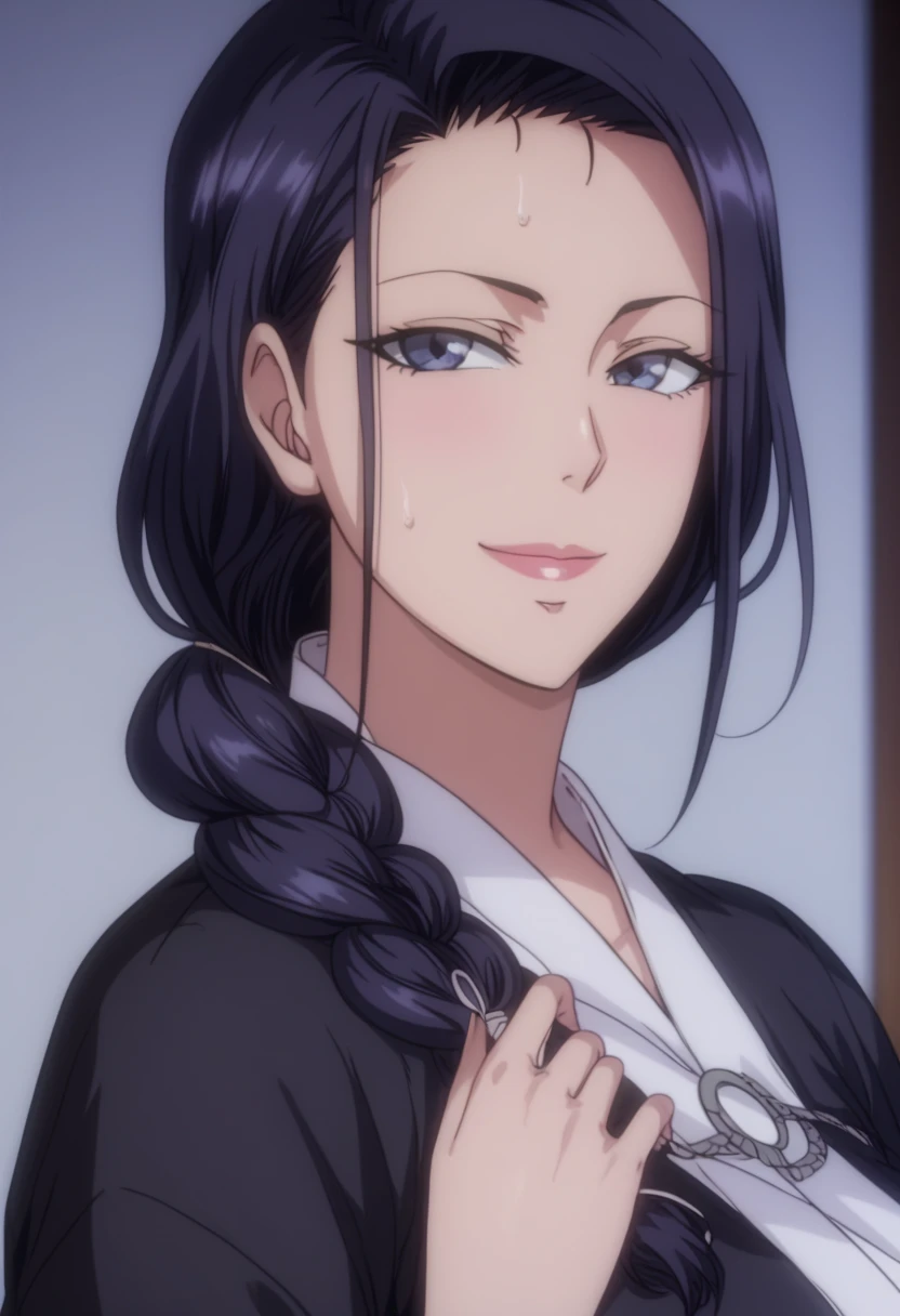 Look up、 Black Kimono、( mature woman :1.4)、Poisonous woman 、50 years old、Captivating smile、 black hair、 up hair 、Married women、 de emphasizing trust 、Japanese-style room Unohana has the appearance of a slender and very youthful woman with blue eyes and black hair. She wears the standard Shinigami captain shihakushō apart from using an obi instead of the normal sash, which hides her well-endowed breasts. Her hair is long and is always worn as a large braid down the front of her body. V Body shape  showing her bankai showing a river off blood. Bleach、bleach thousand -year blood war、