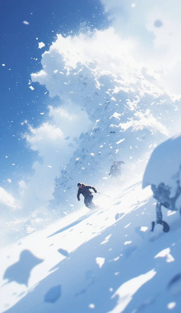 A skier sprints quickly in front of a pack. Behind the leading skier is a pack of other skiers trying to catch up. The leading skier is leaning forward, a posture that makes him sprints faster. He is very close to the viewer where his sweat can be seen. Motion blur, speed lines, and snow particles flying around to capture the intensity of the sprint's motion. The image should capture the speed and intensity of the ski sprint action.