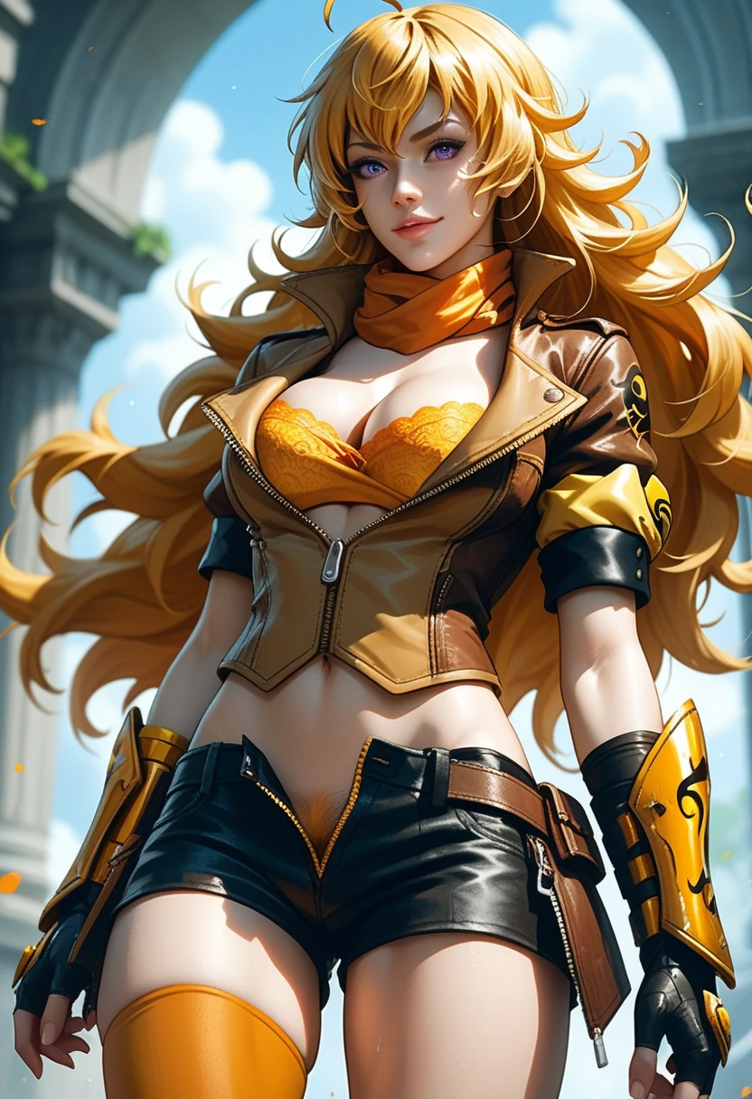 (Yang Xiao Long) from "RWBY", rwbyyangs1, brown jacket, short sleeves, vambraces, black gloves, fingerless gloves, (unzipped black shorts:1.42), yellow pubic hair peeks out, orange thighhighs, single thighhigh, orange scarf, midriff, cleavage 