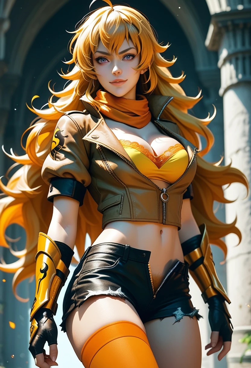 (Yang Xiao Long) from "RWBY", rwbyyangs1, brown jacket, short sleeves, vambraces, black gloves, fingerless gloves, (unzipped black shorts:1.42), yellow pubic hair peeks out, orange thighhighs, single thighhigh, orange scarf, midriff, cleavage 