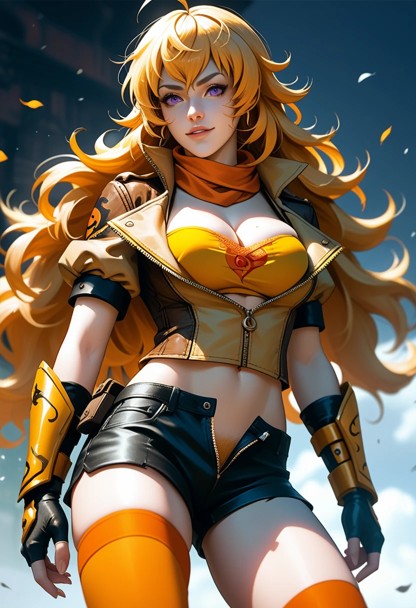 (Yang Xiao Long) from "RWBY", rwbyyangs1, brown jacket, short sleeves, vambraces, black gloves, fingerless gloves, (unzipped black shorts:1.42), yellow pubic hair peeks out, orange thighhighs, single thighhigh, orange scarf, midriff, cleavage 