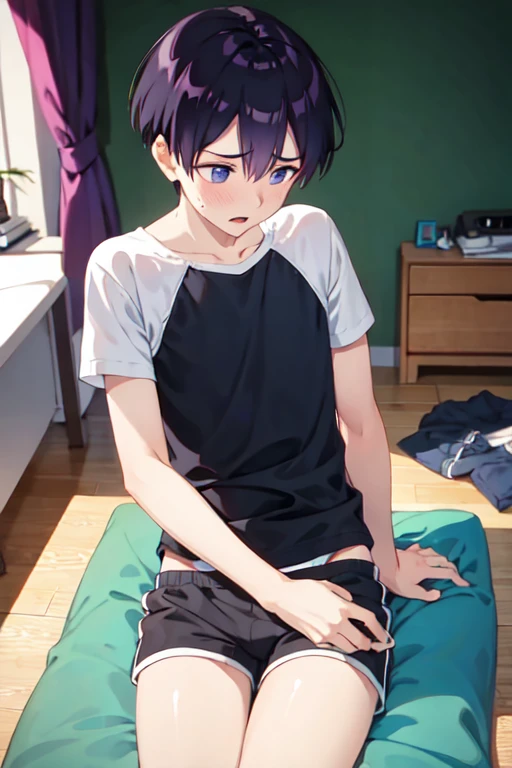 １４age　 one boy　 in underwear　 shorts　 lies down　Anxious expression