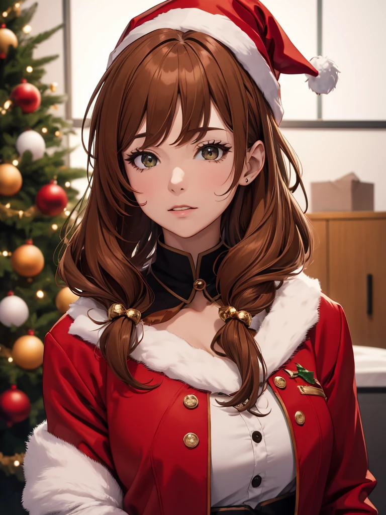 1woman, wearing a Christmas outfit with a red Christmas hat and jacket, near a indoor Christmas tree, Christmas winter season, brown colour hair, Lisa's hair style, 8k, high detailed, high quality, high accuracy