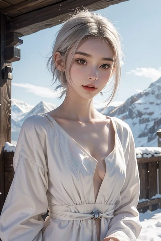 () ,girl、(Bunny ears headband)。(Random Nudes),Exhibitionism,((Random exposure of genitals))。 Beautiful areola。Small breasts. Thin Hair。(On top of a snowy mountain). Detailed and complex background。((Bright platinum white hair))。(Round face). ((Short Bob Hair)). 可愛いsmile. Idol's face. Smooth Hair. Thin Hair. White skin. Full body photo. fun,smile. (Upright pose). Takagi-san